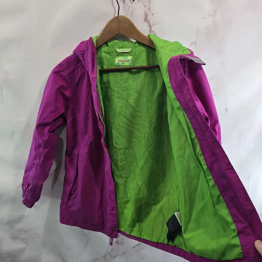 Marmot Jacket Girls Medium 10 12 Pink Green Youth Rain Coat Shell Waterproof